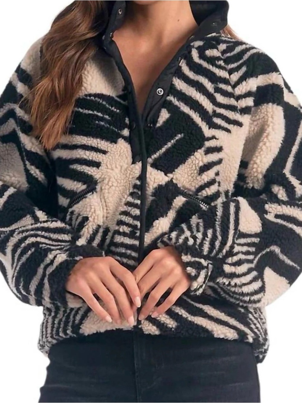 Free People (FP) Movement Black & Tan Sherpa Button-Up Jacket